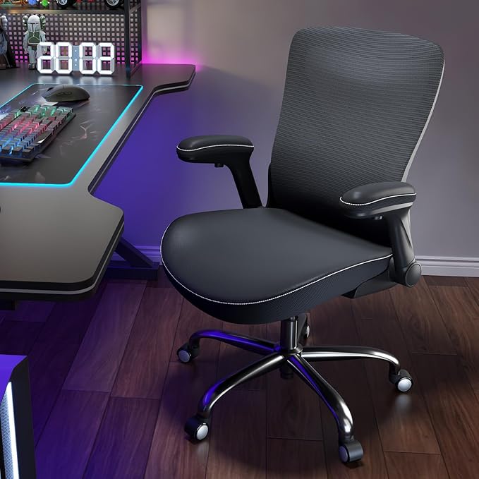 Ergonomic Office Chair-Computer PU Leather X-Shaped Desk Chair-Gaming Chair with Adjustable Flip-up Armrests Lumbar Support Mesh Executive Chair for Long Hours Office (Black)