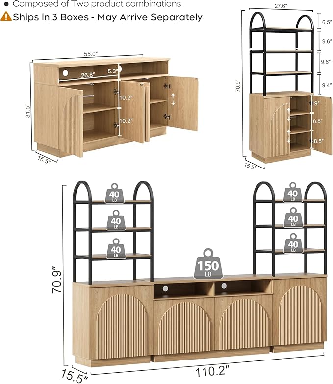 Yechen 110" Modular Entertainment Center with Bookshelves for up to 55", Mid Century Modern TV Stand with Storage, TV Cabinet with Open Shelves and Adjustable Shelves, Living Room, Natural Oak (3 PCS)
