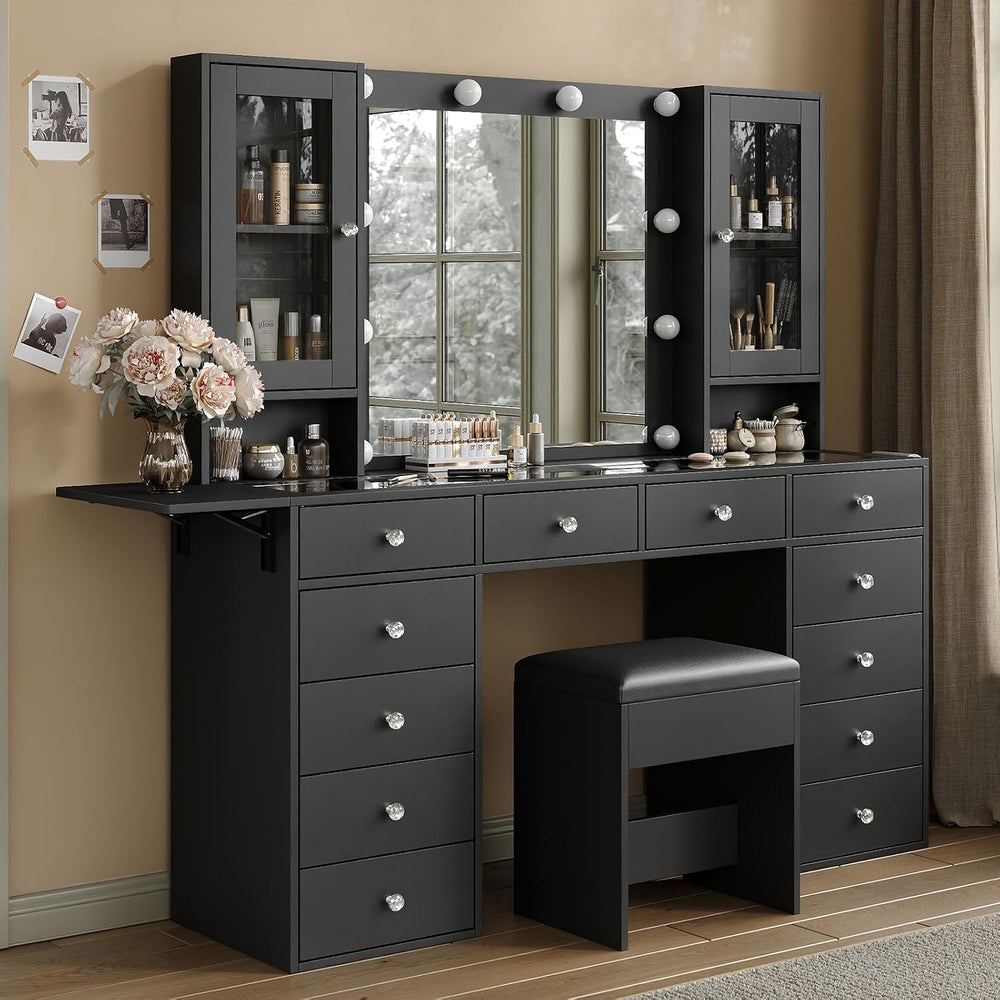 Yanosaku 55''W Makeup Vanity Desk with Mirror and Lights, 12 Drawers,...