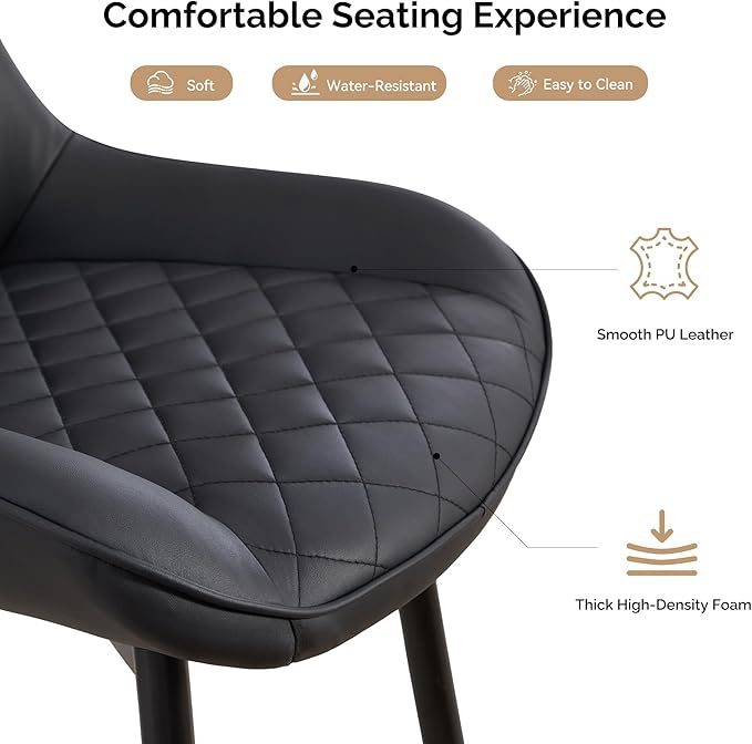 Dining Chair Set of 6, Modern Dining Chairs with Thick Cushions, Faux Leather Upholstered Kitchen Dining Room Chairs with Metal Adjustable Legs for Dining Living Room, Black