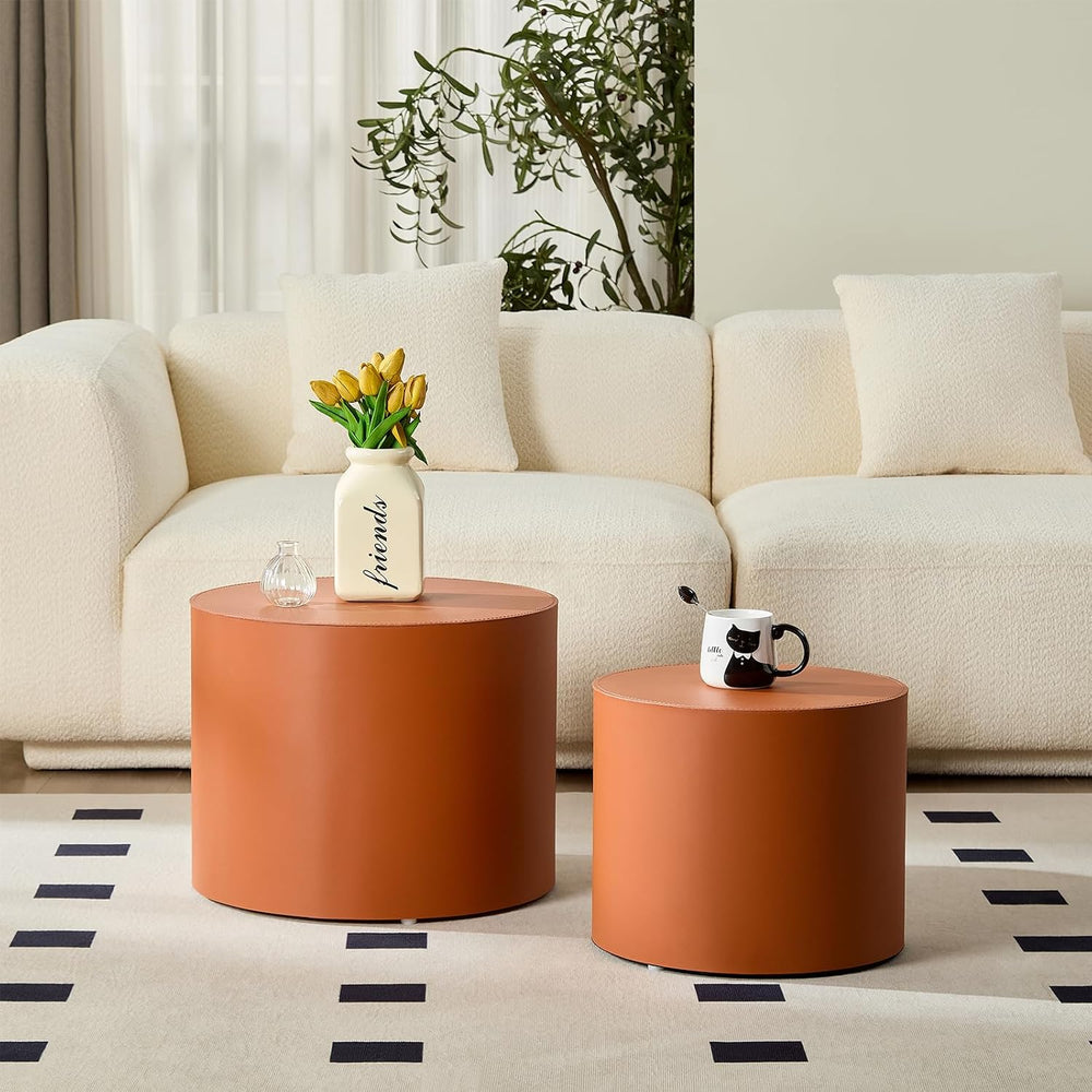 Modern Round Side Table Set of 2, MDF Core with Saddle Leather Upholstery, Cy...