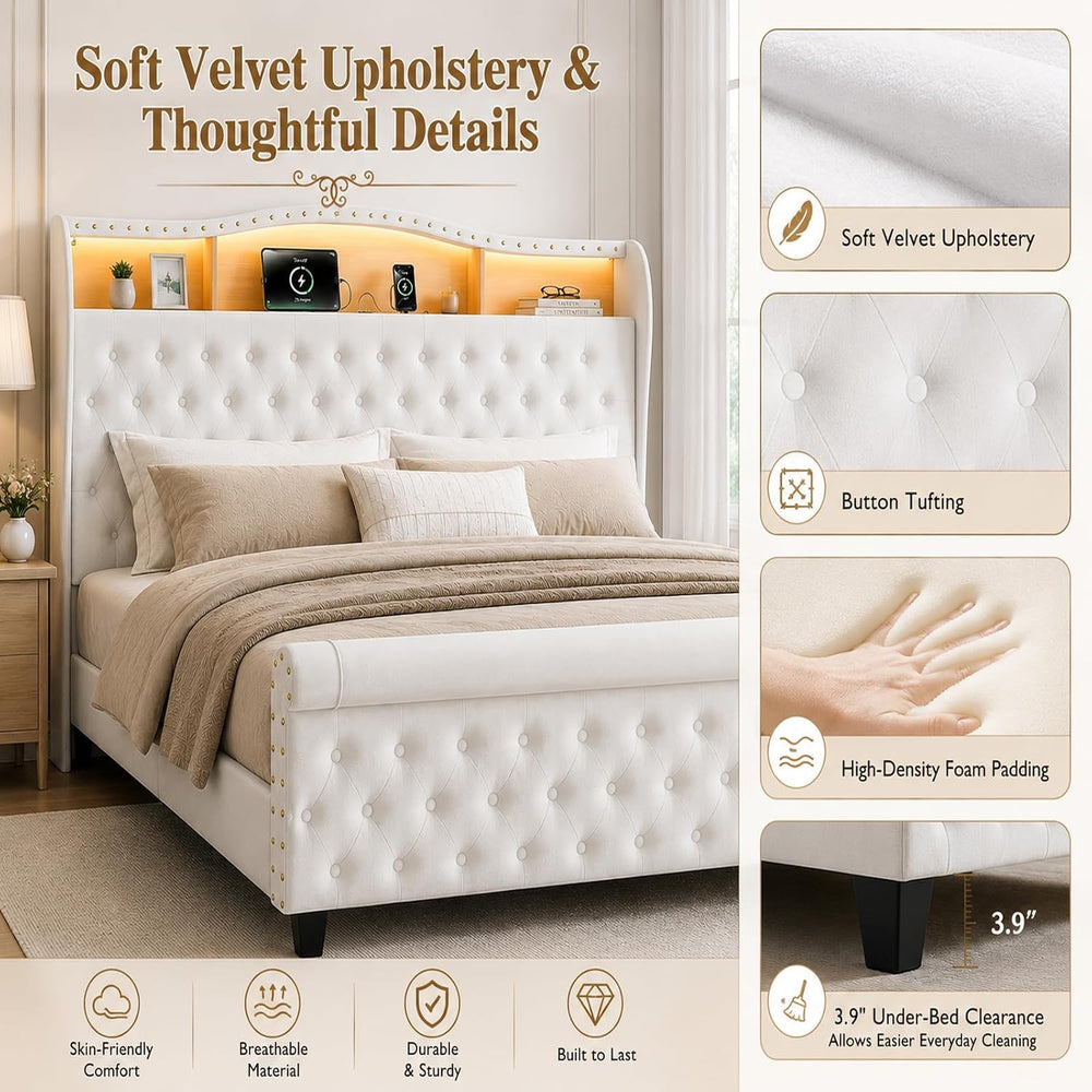 King Size Bed Frame with 51.2" Tall Lighted Storage Headboard and Chargi...