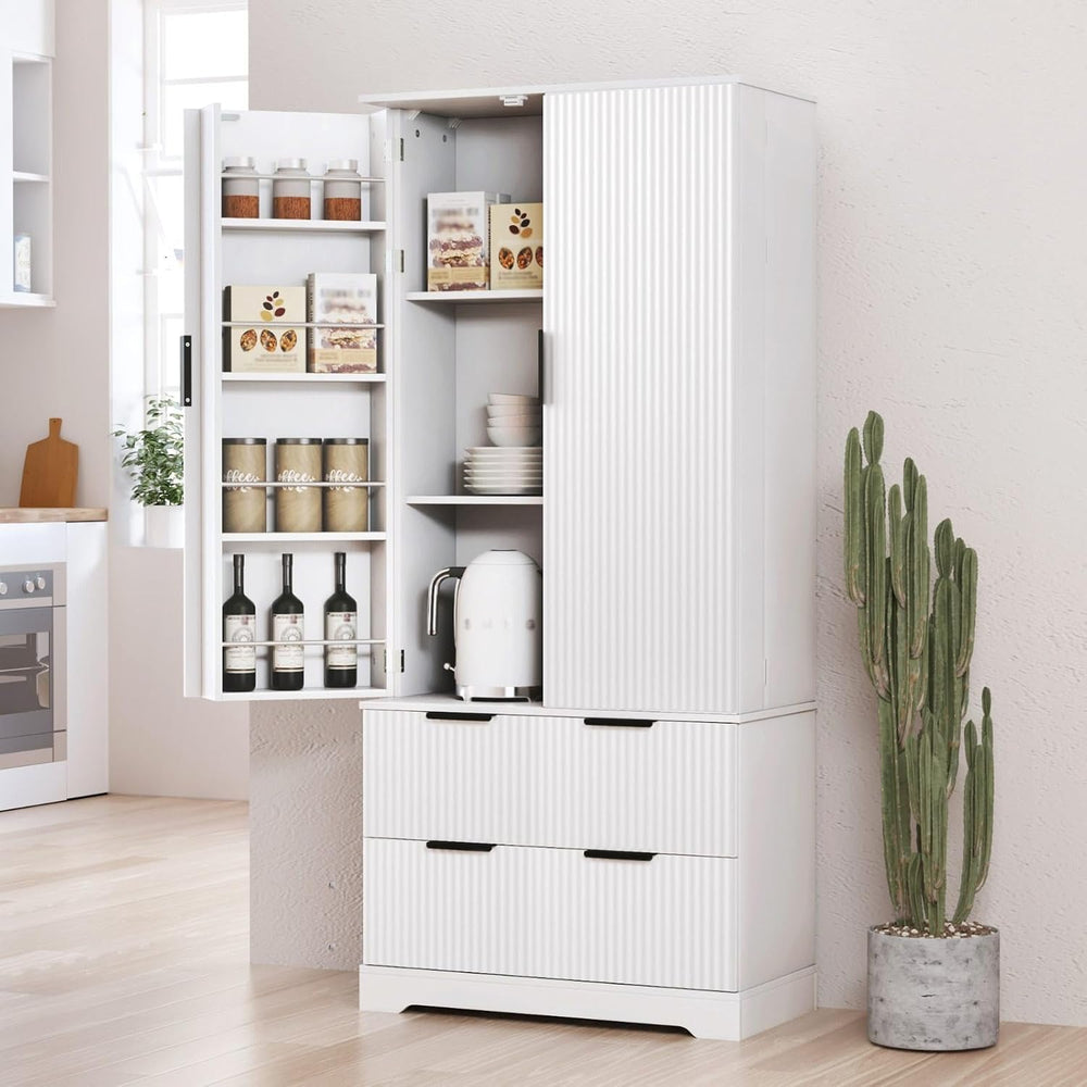 72" Fluted Kitchen Pantry Cabinet, Modern Storage Organizer with 2 Spaci...