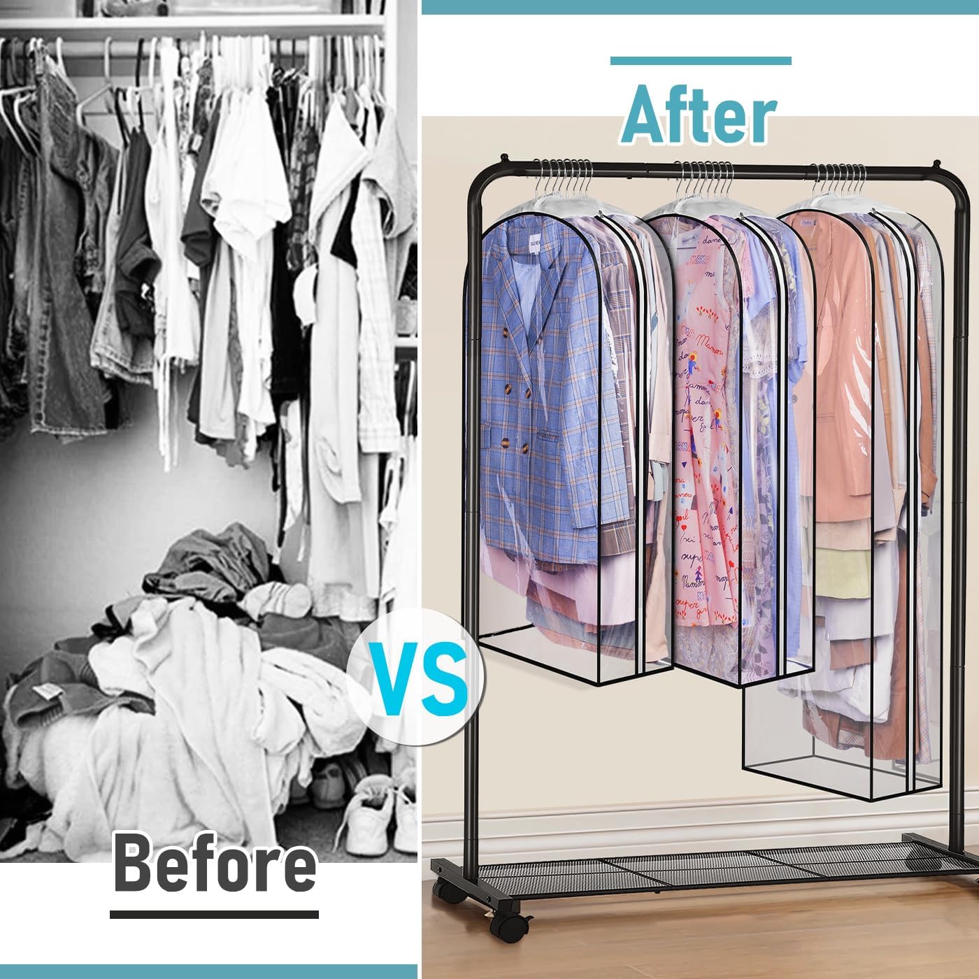 MISSLO 10" Gusseted All Clear Garment Bags for Hanging Clothes 40"+60" Suit Bags for Closet Storage Dresses Protectors for Shirts, Coats, Gowns, 3 Packs