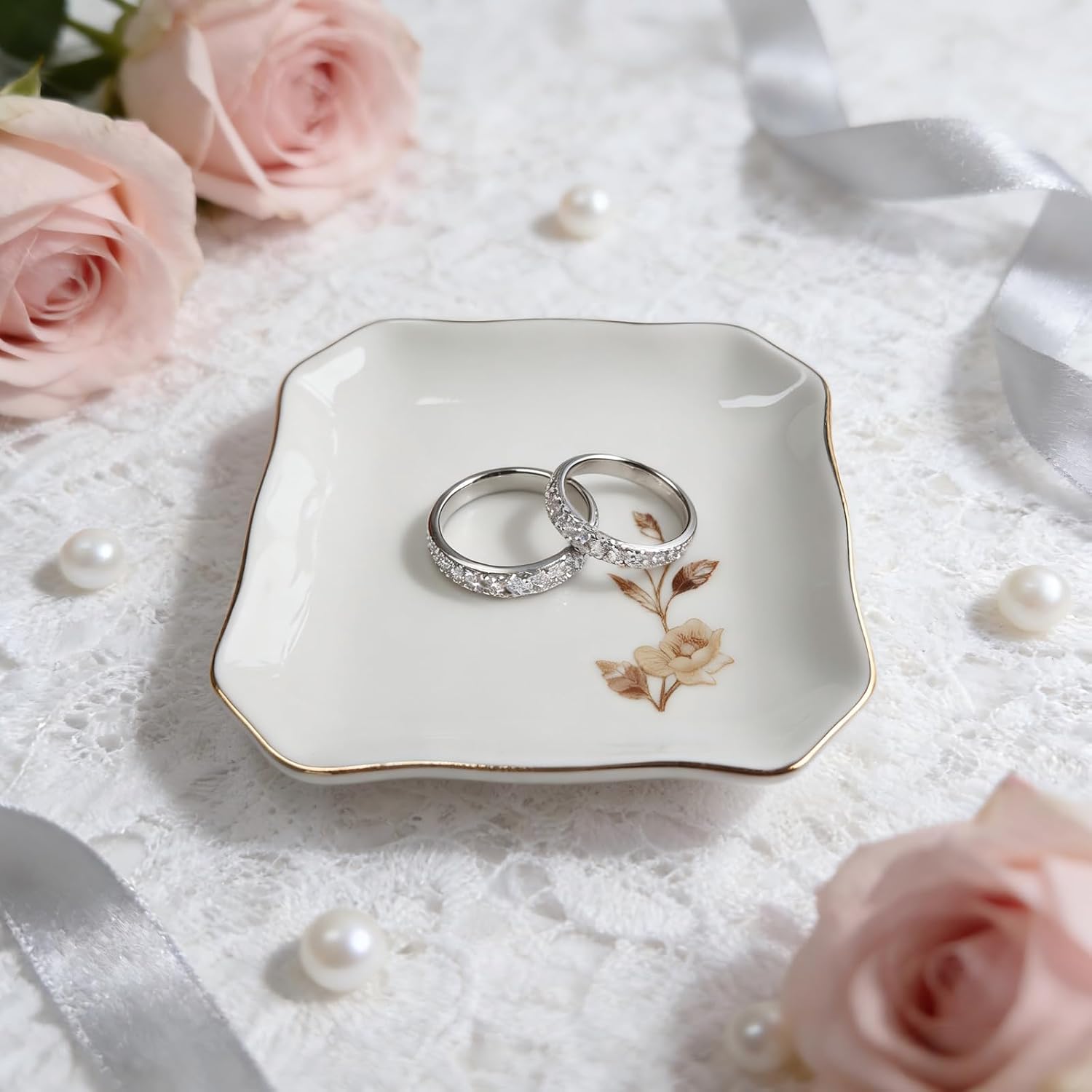Vintage White Ceramic Jewelry Tray Ring Dish, Faux Mother of Pearl Inspired Flower Design, Decorative Small Square Floral Trinket Dish for Vanity Storage Wedding Decor (Beige Peony-Enamel)