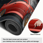 Retro Car Blueprint Mouse Pad – Large Extended Desk Mat 31.5 x 11.8 in – Classic Red Tuner Car Cutaway with Engine Diagram, Waterproof Surface, Non-Slip Rubber Base, Keyboard & Mouse Pad