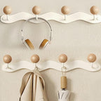Coat Rack Wall Mounted,White Coat Hooks Adhesive & Screw in,Anti-Tear Wooden Ball Hook Rail, Heavy Duty Metal Coat Hangers for Entryway, Bathroom, Bedroom, Kitchen 2PACK (4-tri Hooks)