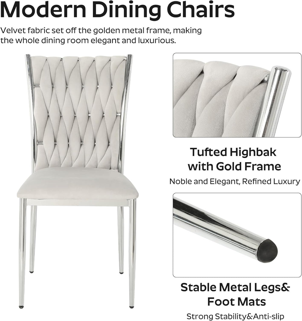 Modern Dining Chairs Set of 4, Light Grey Velvet Woven Kitchen Chair with Sil...