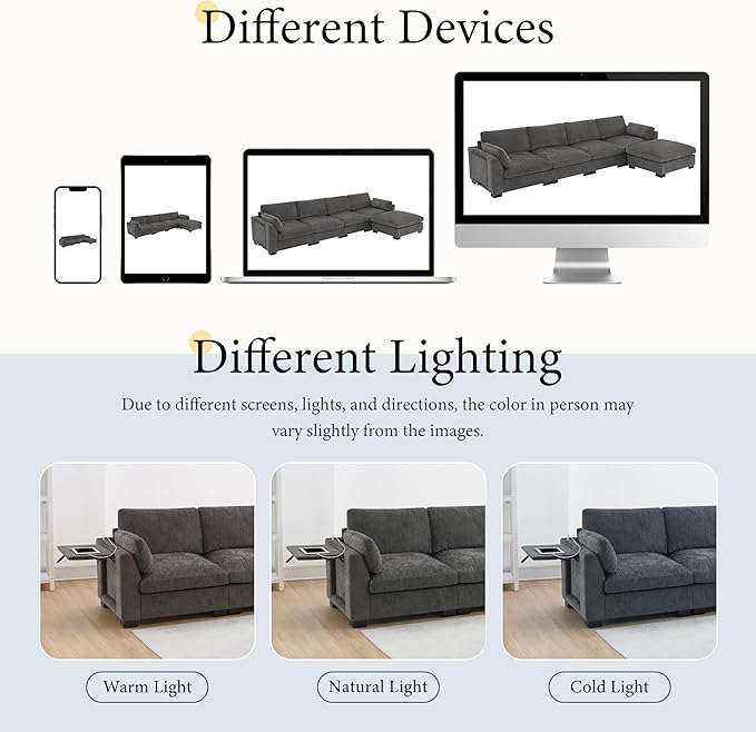 Ball & Cast Oversized Modular L Shaped Sectional Sofa W/Movable Ottoman and USB Ports,5 Seater Comfy Cloud Couch W/2 Armrest Pillows,Folding Table & Side Pocket,for Living Room,Apartment,Charcoal,130"