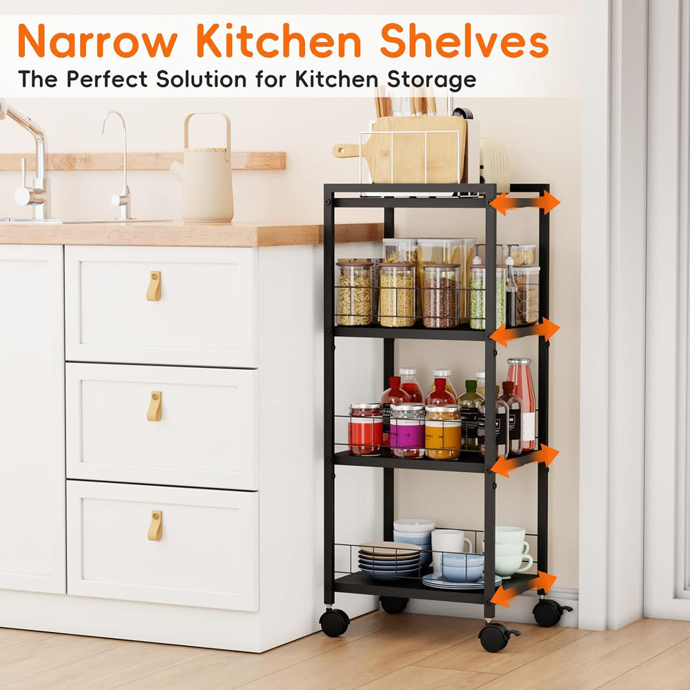 Expandable Slim Storage Cart with Wheels, 4 Tier Narrow Metal Rolling Utility...