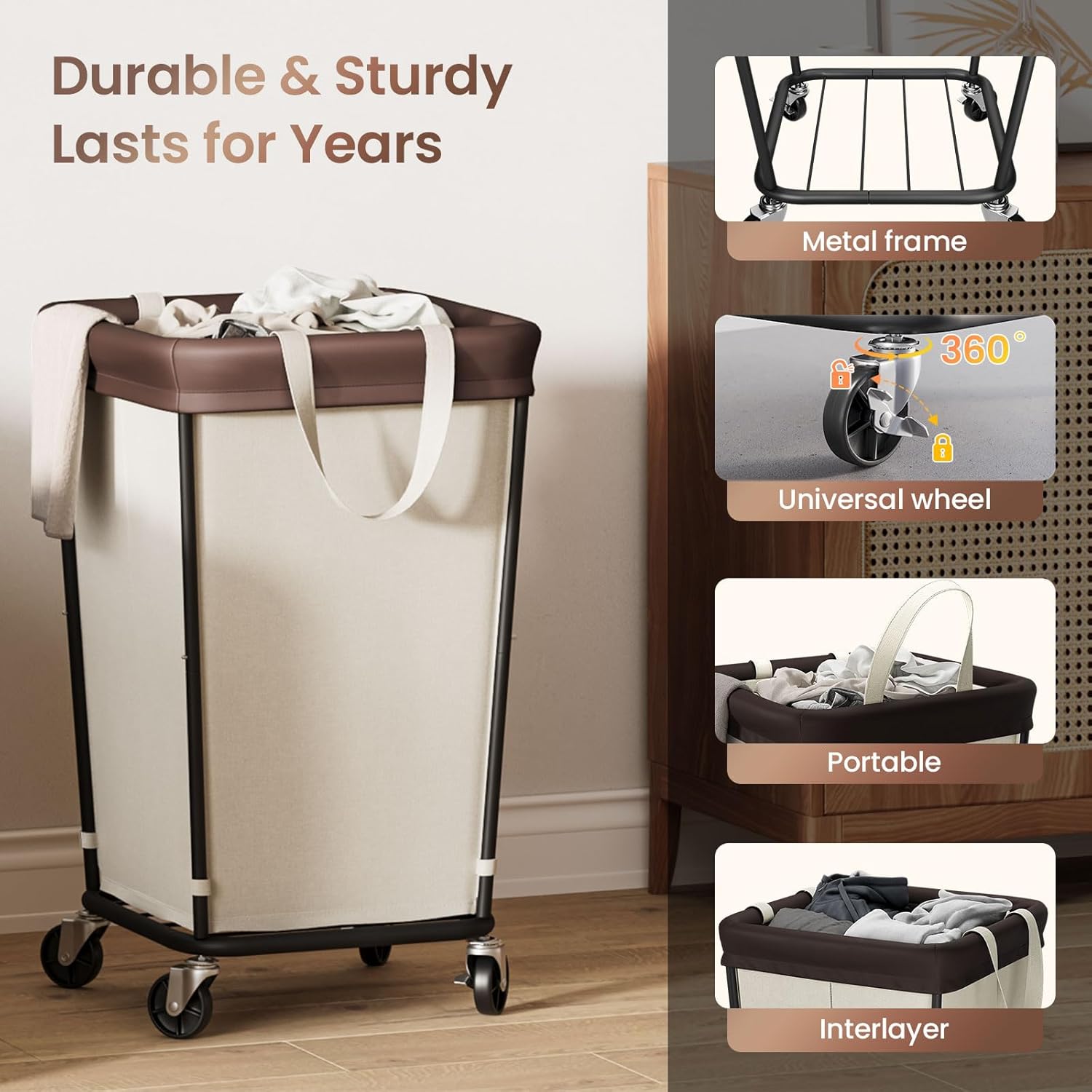 160L Laundry Basket with Wheels, 2-section Rolling Laundry Basket, Large Laundry Hamper with Wheels, Rolling Laundry Hamper Clothes Hamper for Home, Bathrooms and Dorm(Beige)
