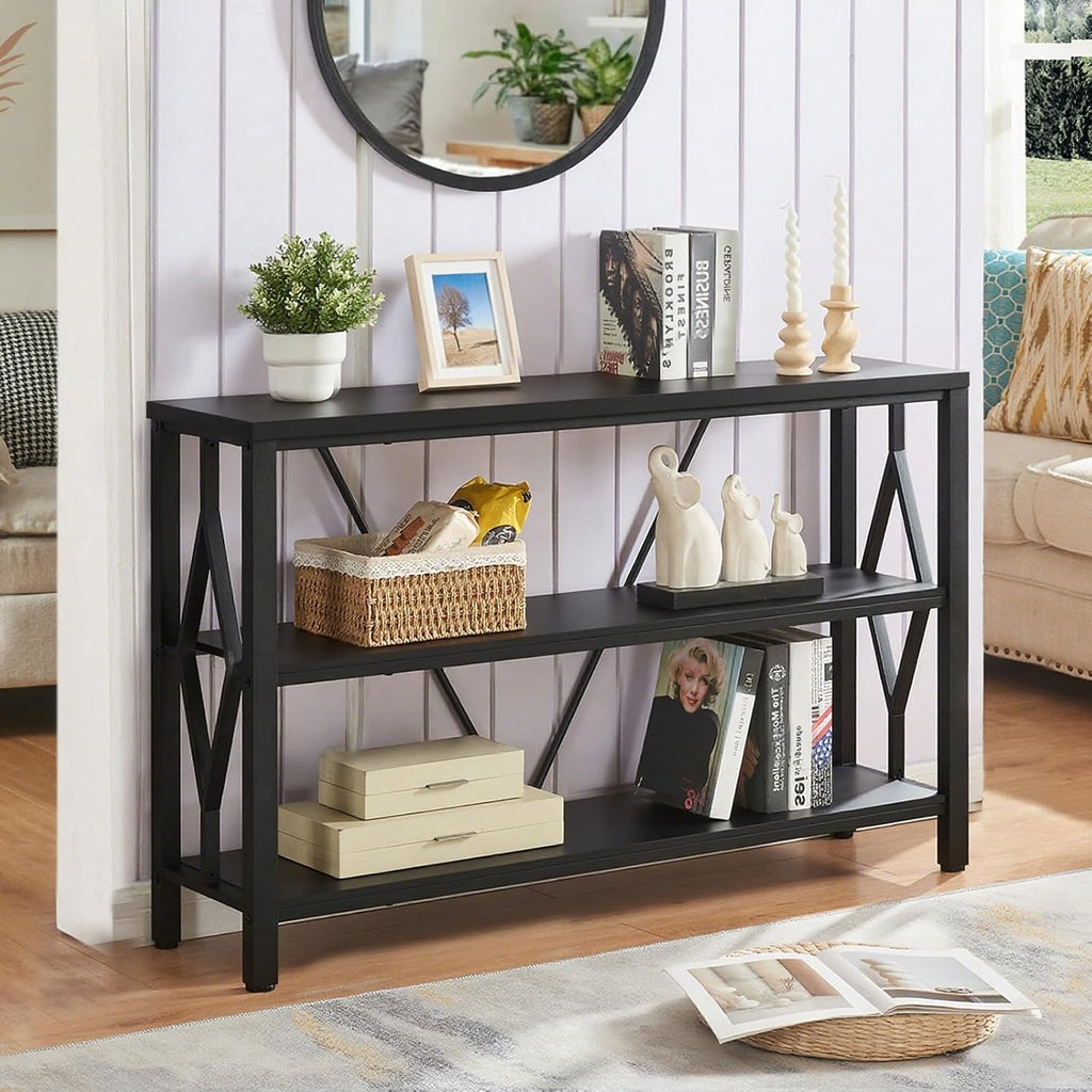 HOMISSUE Sofa Console Table, Rustic Console Table with 3-Tier Storage, Engineered Wood Sofa Tables with Open Shelves, Heavy Duty Entryway Tables for Living Room, Hallway (47 Inch, Black)