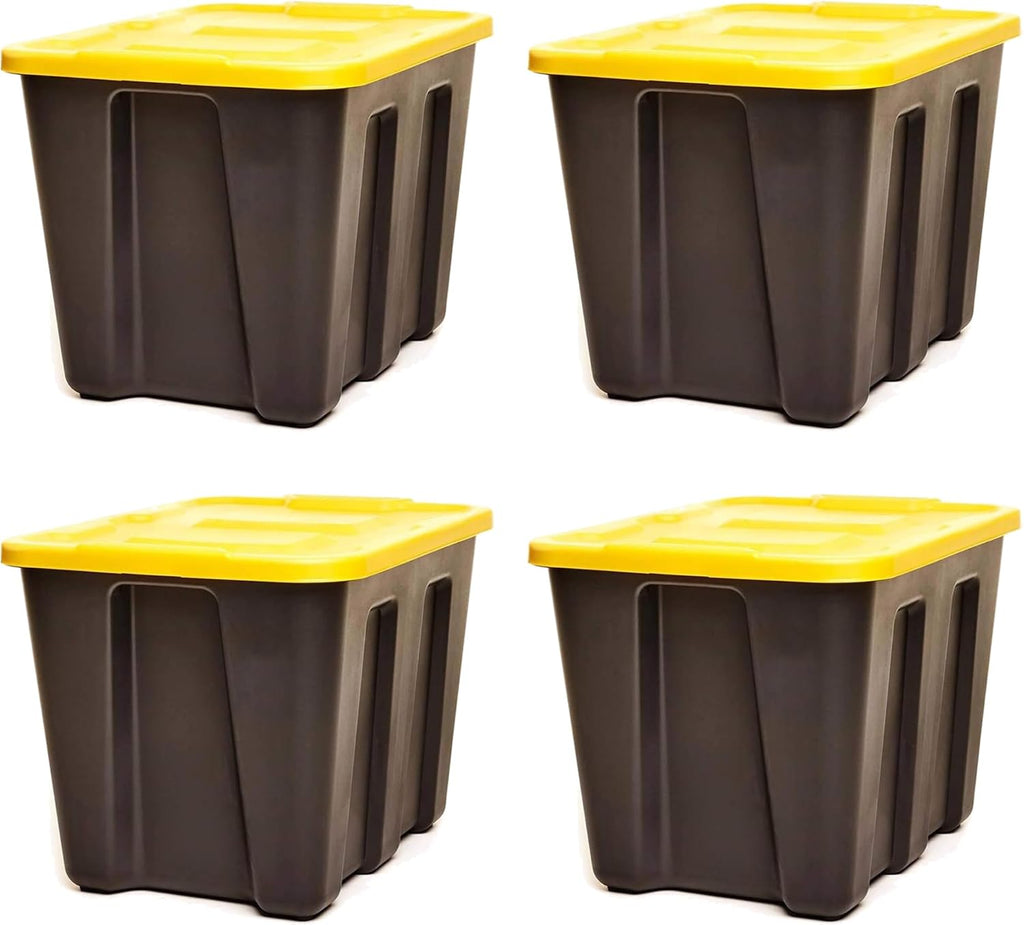 HOMZ 18 Gallon Durabilt Storage Bins, Pack of 4 Heavy Duty Plastic Containers, Secure Snap Lids, Break and Blemish Resistant, Stackable, Nestable, Organizing Totes, Black/Yellow