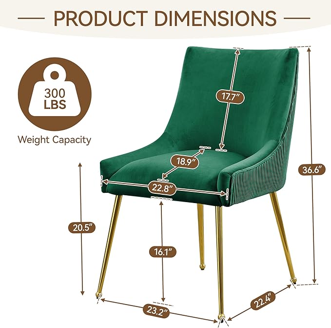 Velvet Dining Chairs Set of 2 Gold Legs,Upholstered Velvet Accent Chairs, Pleated Back Design & Gold Pull Handle, Mid Century Modern Chairs for Dining/Kitchen/Living Room,Green
