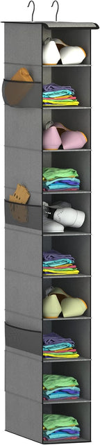 Libeder 10-Shelf Hanging Closet Shoe Organizers with Side Pockets, Grey | Hanging Closet Organizer with Side Pockets for Wardrode,Dorm, Folding Shoe Racks, Space Saving Hanging Shelves with Hooks