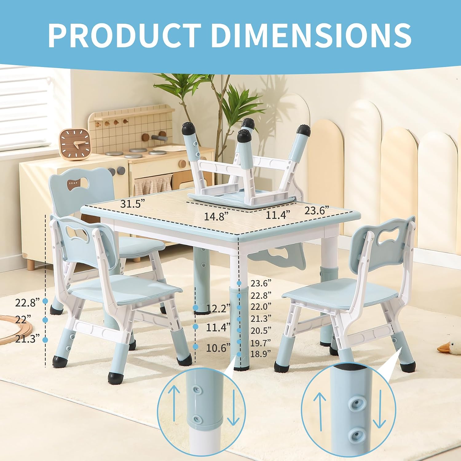 Hulaibit Toddler Table and Chairs, Kids Table and 4 Chairs Set with Graffiti Desktop, Height-Adjustable Kids Study Table for Boys and Girls Aged 3-8, Max 300lbs