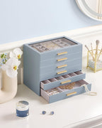 Lolalet Jewelry Box Organizer, 6-Layer Jewelry Organizers and Storage Case with Glass Lid, Ring Earring Bracelet Necklace Holder Organizer, Birthday Christmas Gifts for Women Girls -6Layer, HazeBlue