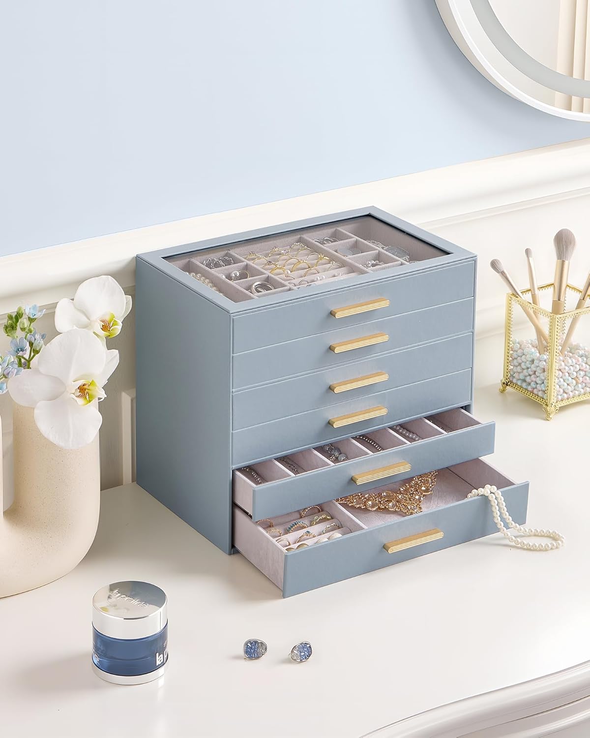 Lolalet Jewelry Box Organizer, 6-Layer Jewelry Organizers and Storage Case with Glass Lid, Ring Earring Bracelet Necklace Holder Organizer, Birthday Christmas Gifts for Women Girls -6Layer, HazeBlue