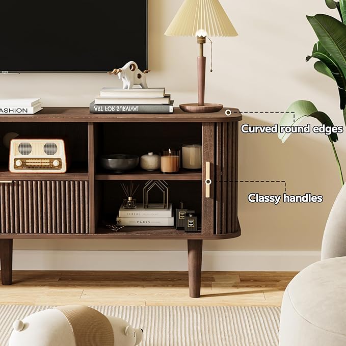 Fluted TV Stand, 55 Inch Mid Century Modern Media Console Table with Sliding Tambour Door Farmhouse Sideboard Buffet Cabinet Fits TVs up to 75 inch, Wood Entertainment Center for Living Room