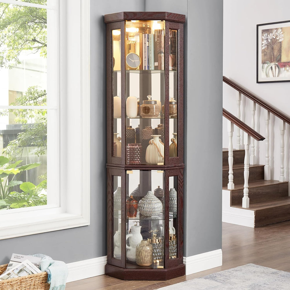 69" H Lighted Corner Curio Cabinet, 5-Tier Curio Glass Display Cabinet w...