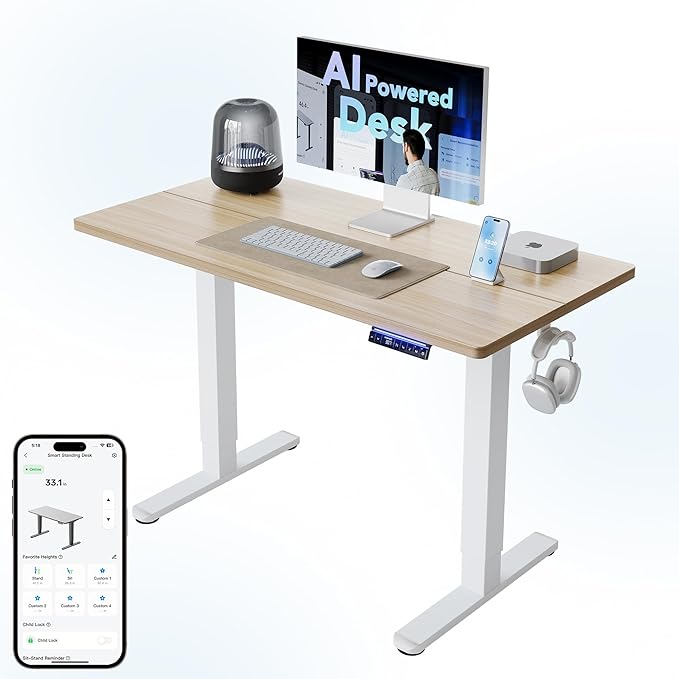 HUANUO 48 inch Electric Standing Desk with Smart APP, Alexa & Google Voice Control, Wi-Fi, Adjustable Height, 6 Memory Settings, Sedentary Reminder, Posture & Neck Care, Sit-Stand Desk, Light Walnut