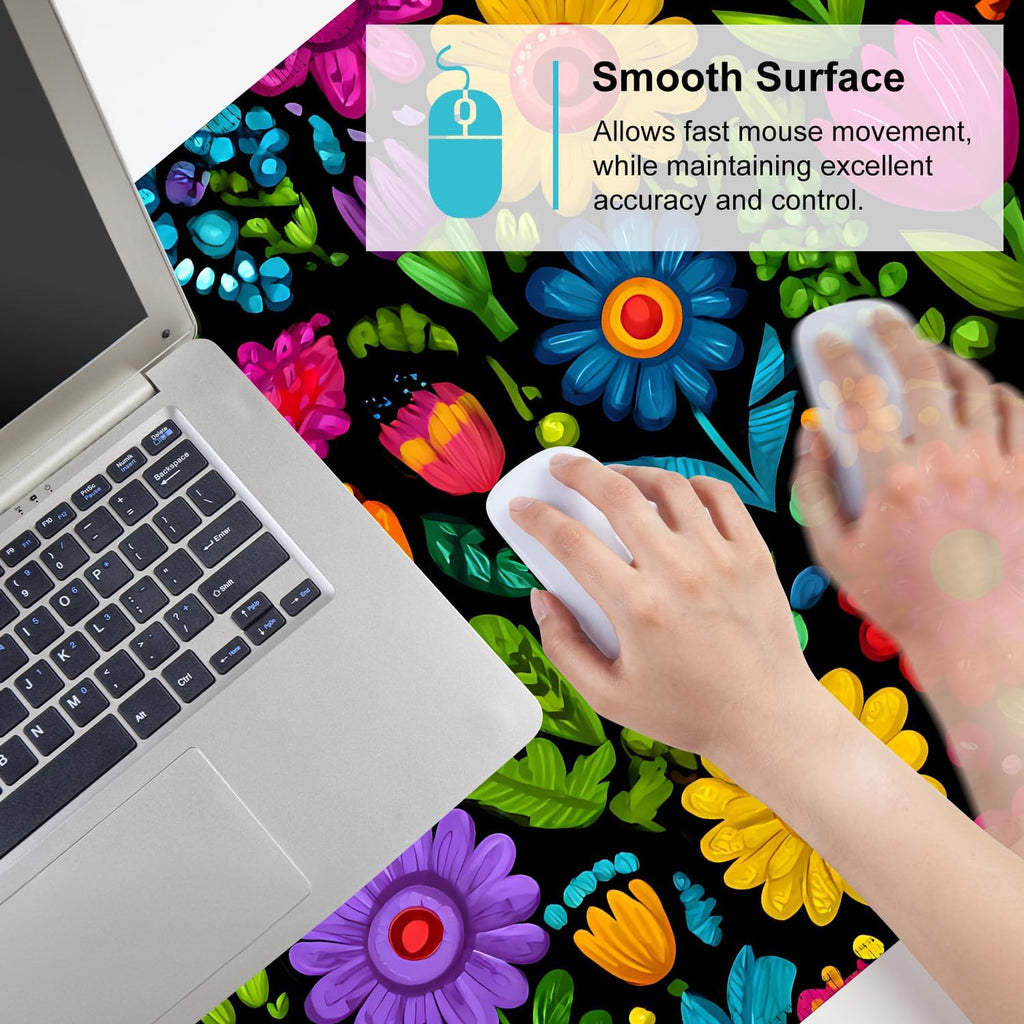 Folk Art Floral Mouse Pad – Large Extended Desk Mat 35.43 x 15.75 in – Colorful Boho Flowers on Black Background, Waterproof Surface, Non-Slip Rubber Base, Oversized Mouse & Keyboard Pad