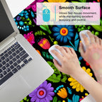 Folk Art Floral Mouse Pad – Large Extended Desk Mat 35.43 x 15.75 in – Colorful Boho Flowers on Black Background, Waterproof Surface, Non-Slip Rubber Base, Oversized Mouse & Keyboard Pad