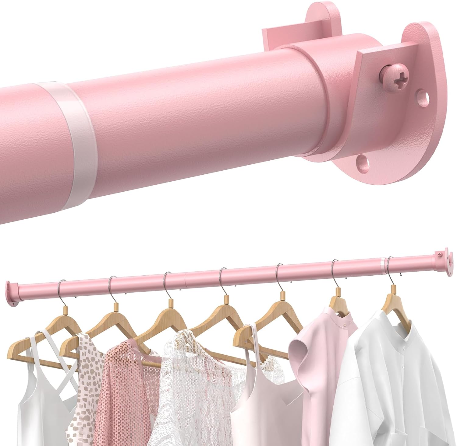 Closet Rods for Hanging Clothes, 17 to 84 Inches Stepless Adjustable Metal Closet Rod, 1.3 Inches Heavy Duty Clothes Hanging Rod for Closet Wardrobes Laundry RV, Pink