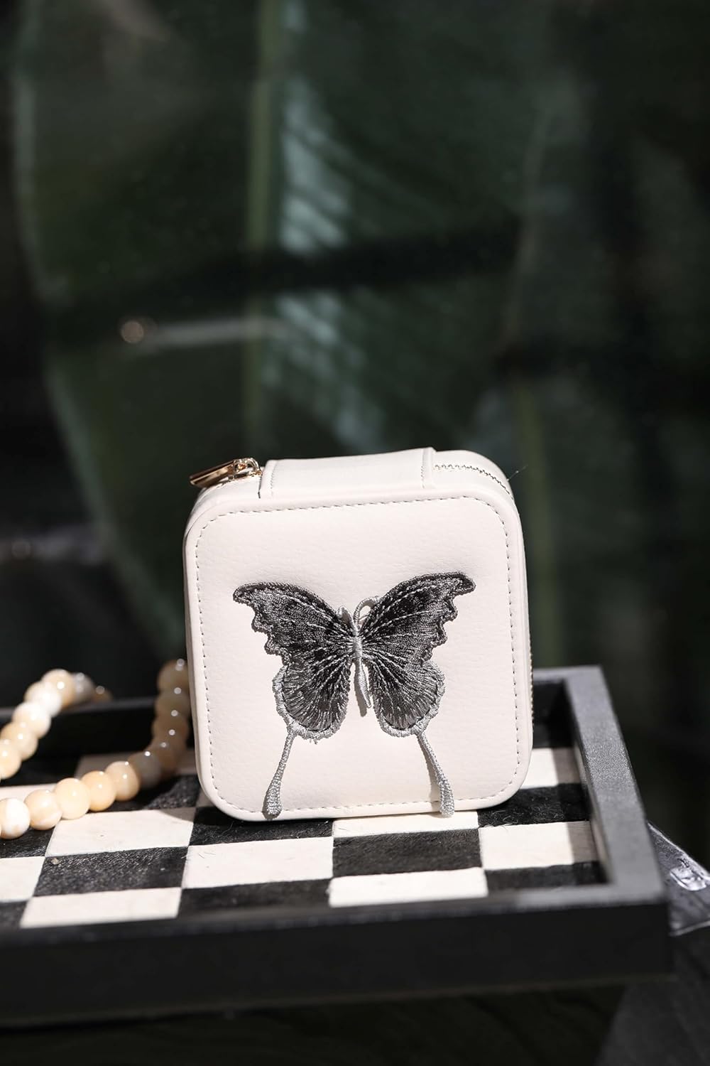 S.Leaf Travel Jewelry Organizer Boxes for Women Small Portable Necklace Earrings Bracelet Rings Travel Case Best Friend Birthday Gifts for Women Trendy (Butterfly_Beige_Gray)