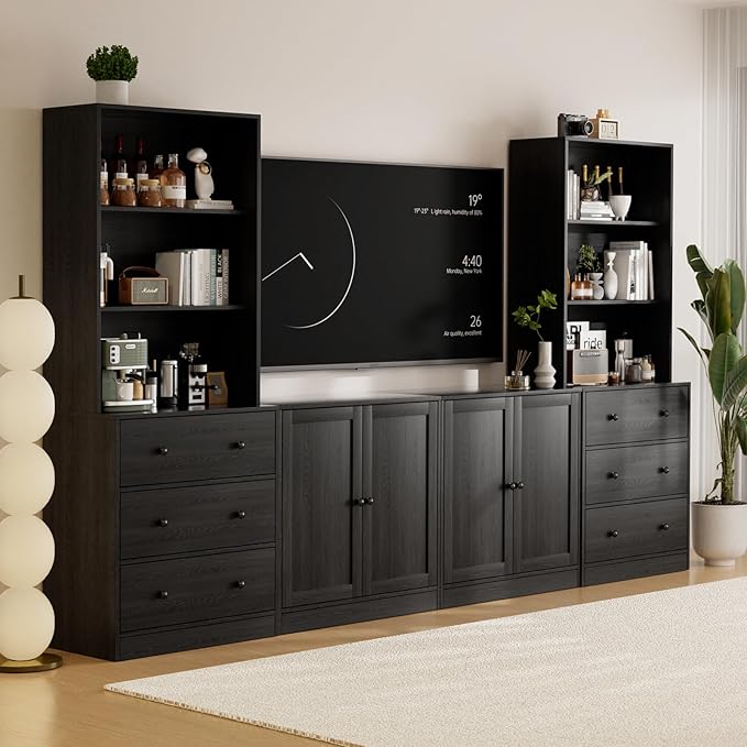 TUSY 71" Large TV Stand Set - TV Entertainment Center for TVs up to 65", Media Center with Tempered Glass Doors and Drawer, TV Hutch with Bookshelves for Living Room (Black, BCCB)