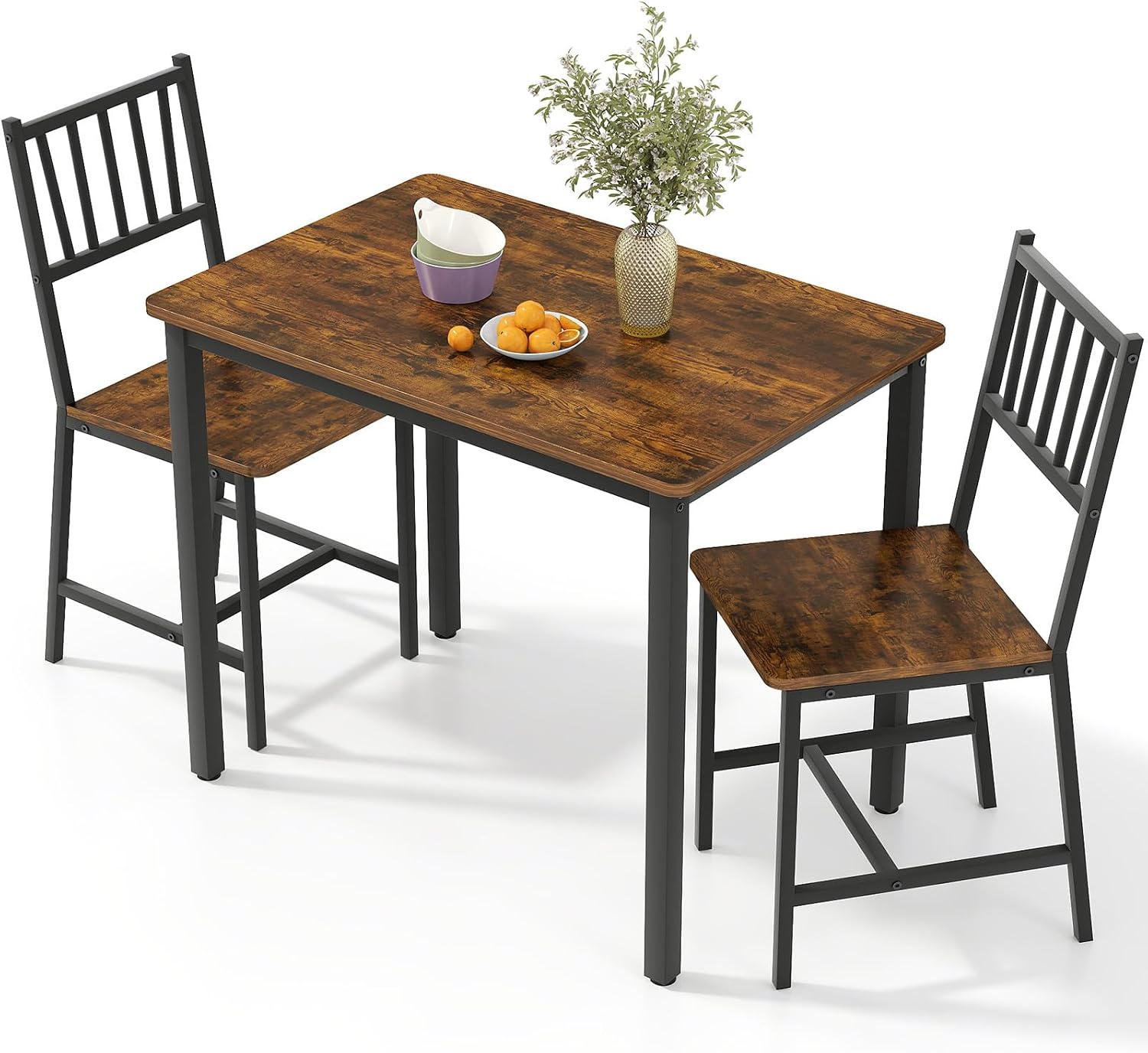 Rovibek 3 Piece Dining Table Set for 2 with Steel Frame & Adjustable Feet, Small Kitchen Table with 2 Chairs, Modern Breakfast Nook Dinette for Small Space, Industrial Farmhouse Brown