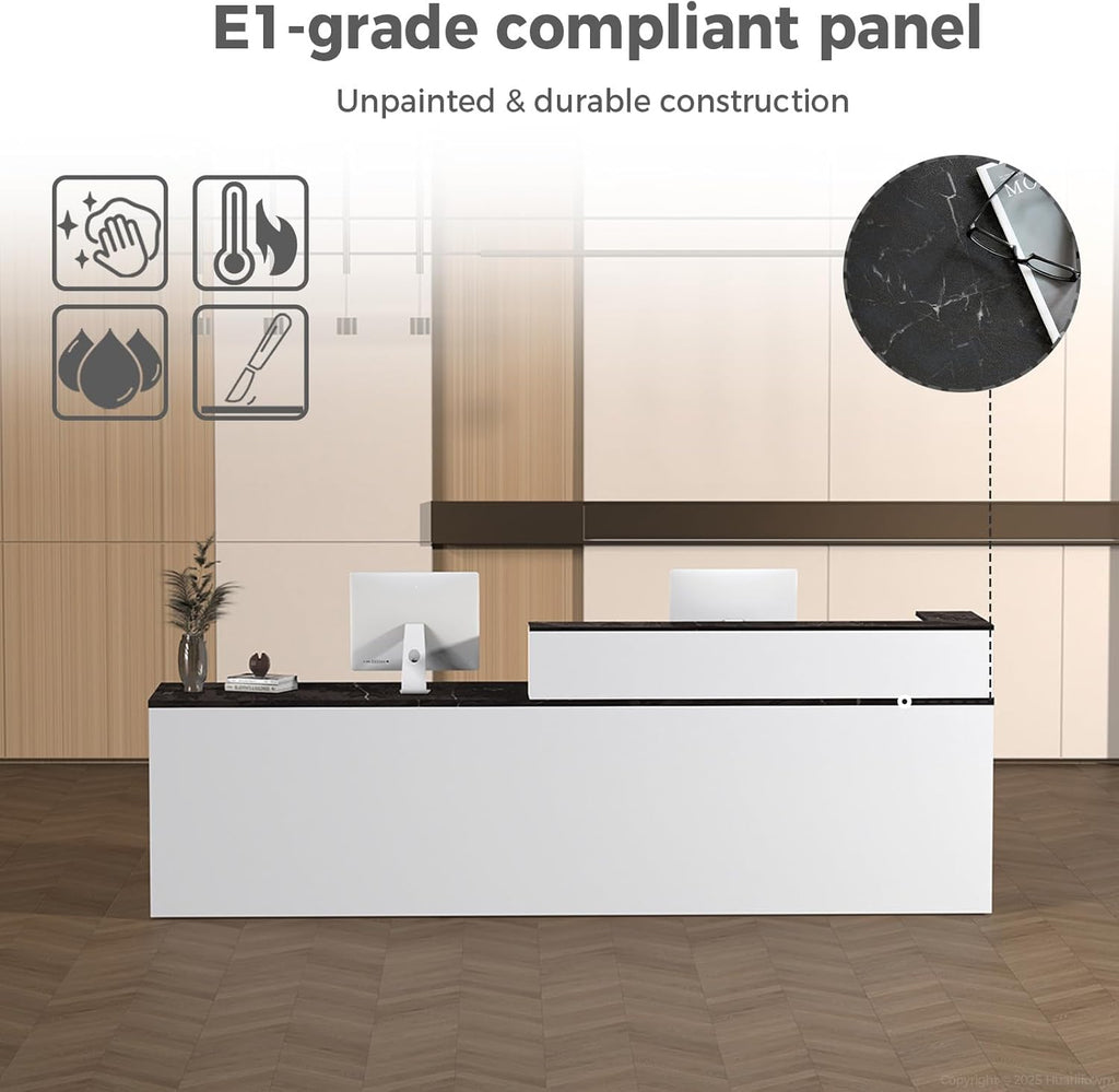 L Shape Reception Desk with Counter, Lockable Drawer, Keyboard Tray, and Double-Layer Storage for Salon, Office, or Clinic (White+Black/Left, 71" L*24" W*39" H)