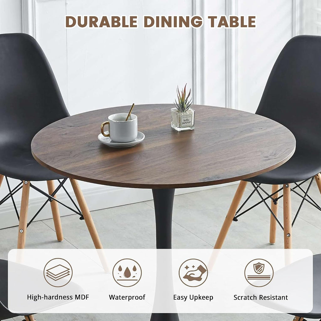 5-Piece Round Dining Table Set,31.5" Mid-Century Modern Kitchen Table with 4 Chairs,Tulip Pedestal Table & Solid Wood Legs,Space Saving Compact Furniture for Small Spaces Apartment Home,Walnut/Black