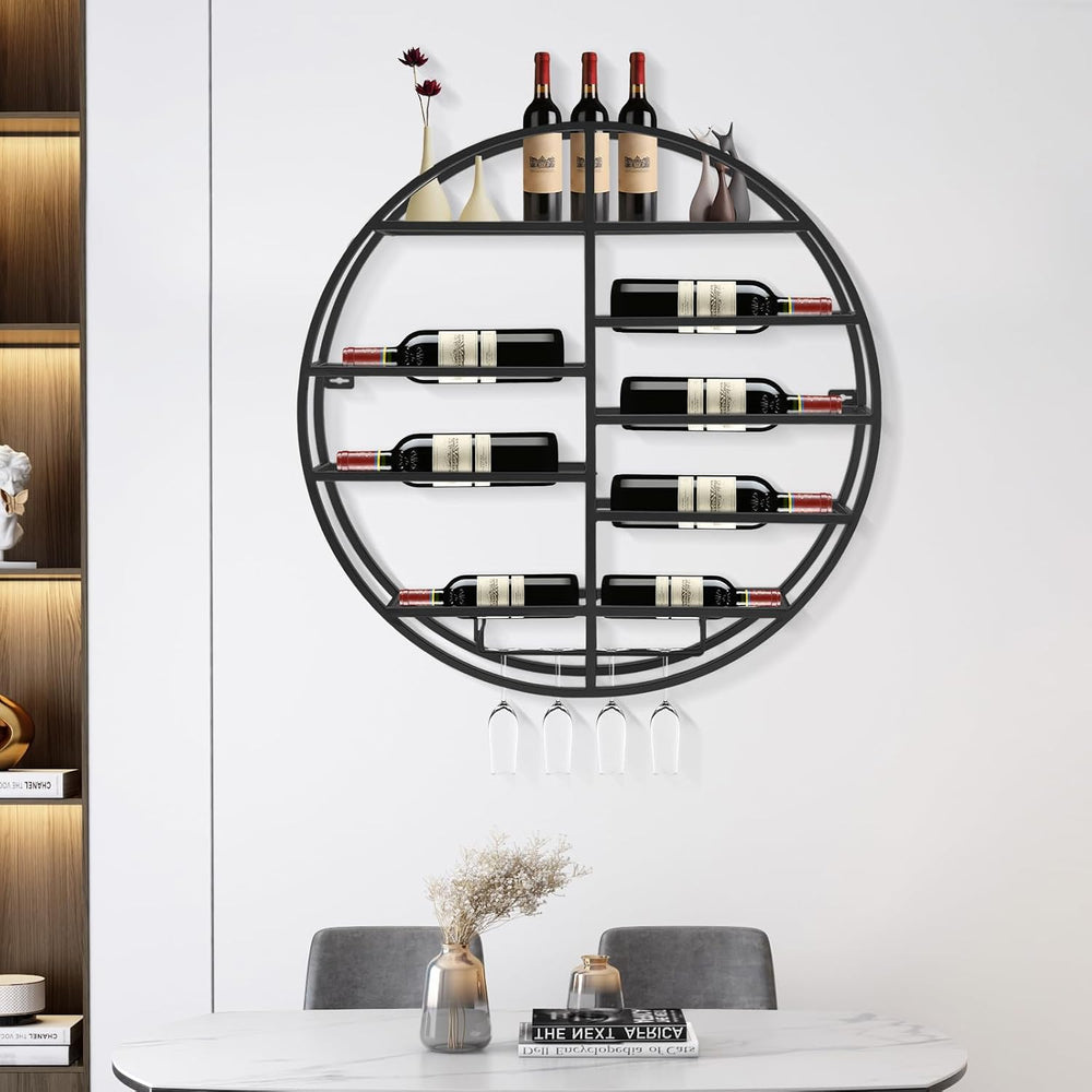 Round Wall Mounted Wine Rack 23.6Inch Metal Wine Display Rack Wine Glass Gobl...