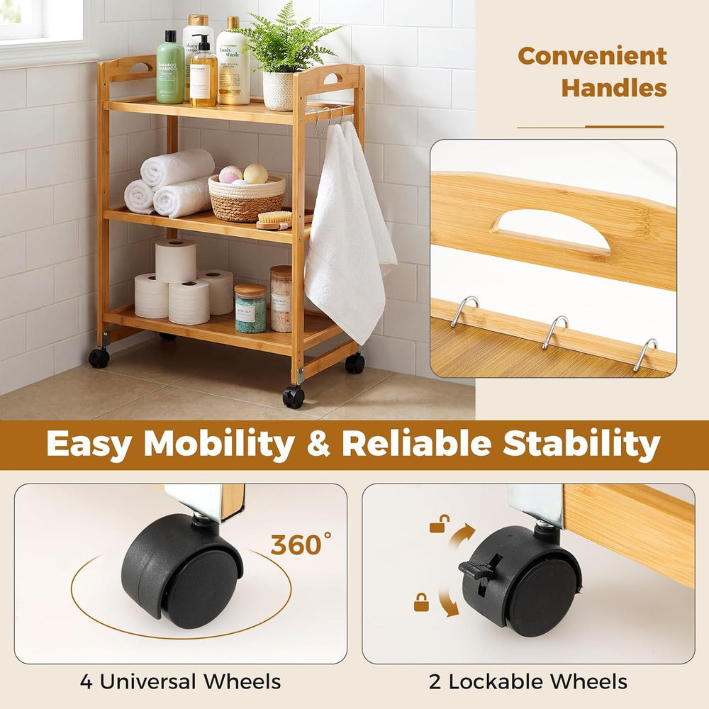 3 Tier Rolling Cart, Bamboo Storage Cart on Wheels with 3 Side Hooks & Ad...