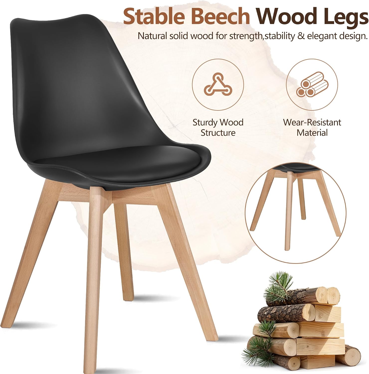 VECELO Dining Chairs Set of 4, Mid-Century Modern Kitchen & Dining Room Chairs, PU Leather Upholstered Seat, Solid Wood Legs, Armless, Non-Slip Feet, Black