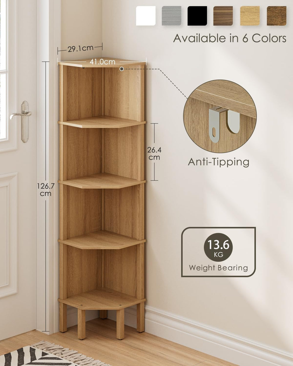 Corner Shelf, 5 Tier Corner Bookshelf, Display Corner Shelf Stand with Storag...