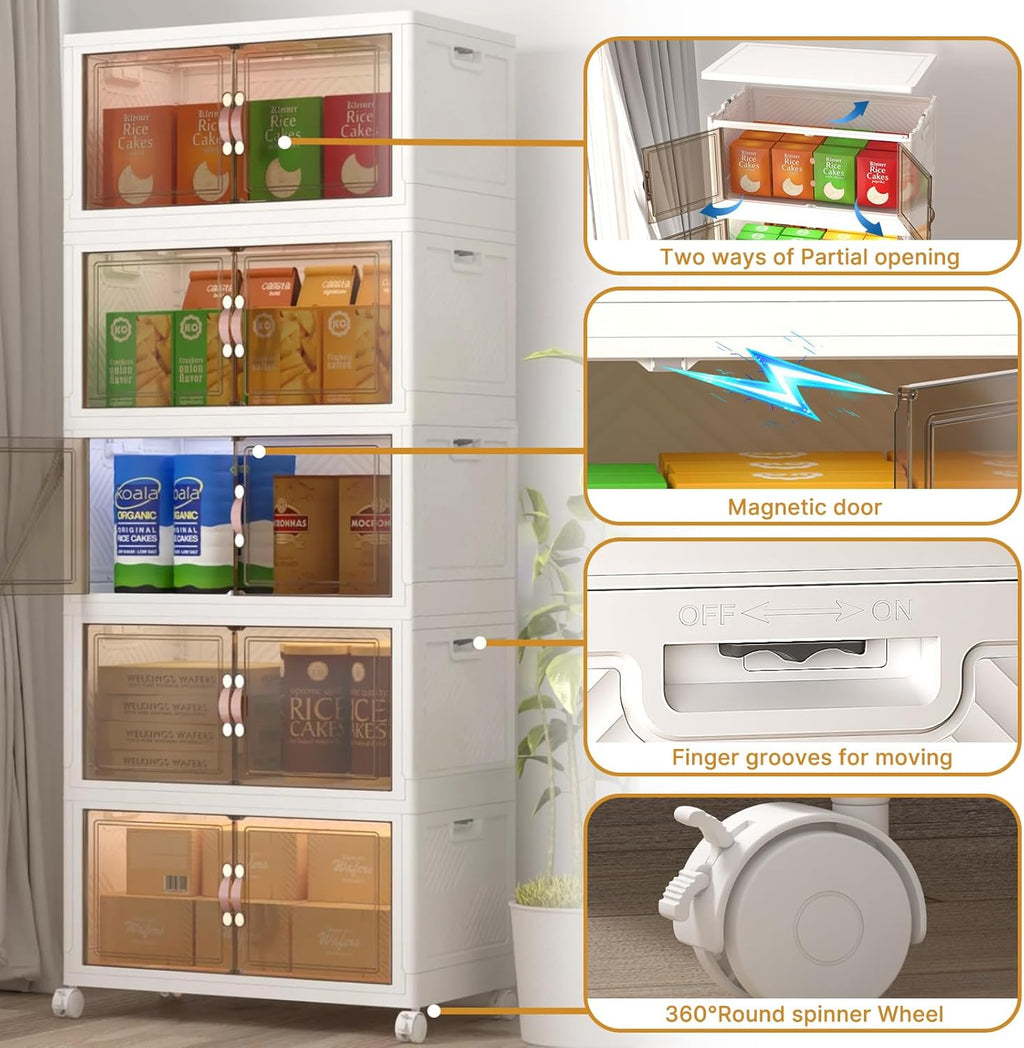 Extra Large Stackable Storage Bins with Lids & Wheels, Foldable Collapsible Closet Organizers Storage Cabinet with Doors for Bedroom Dorm (White, 220QT-55QT/14GAL*4Pack)