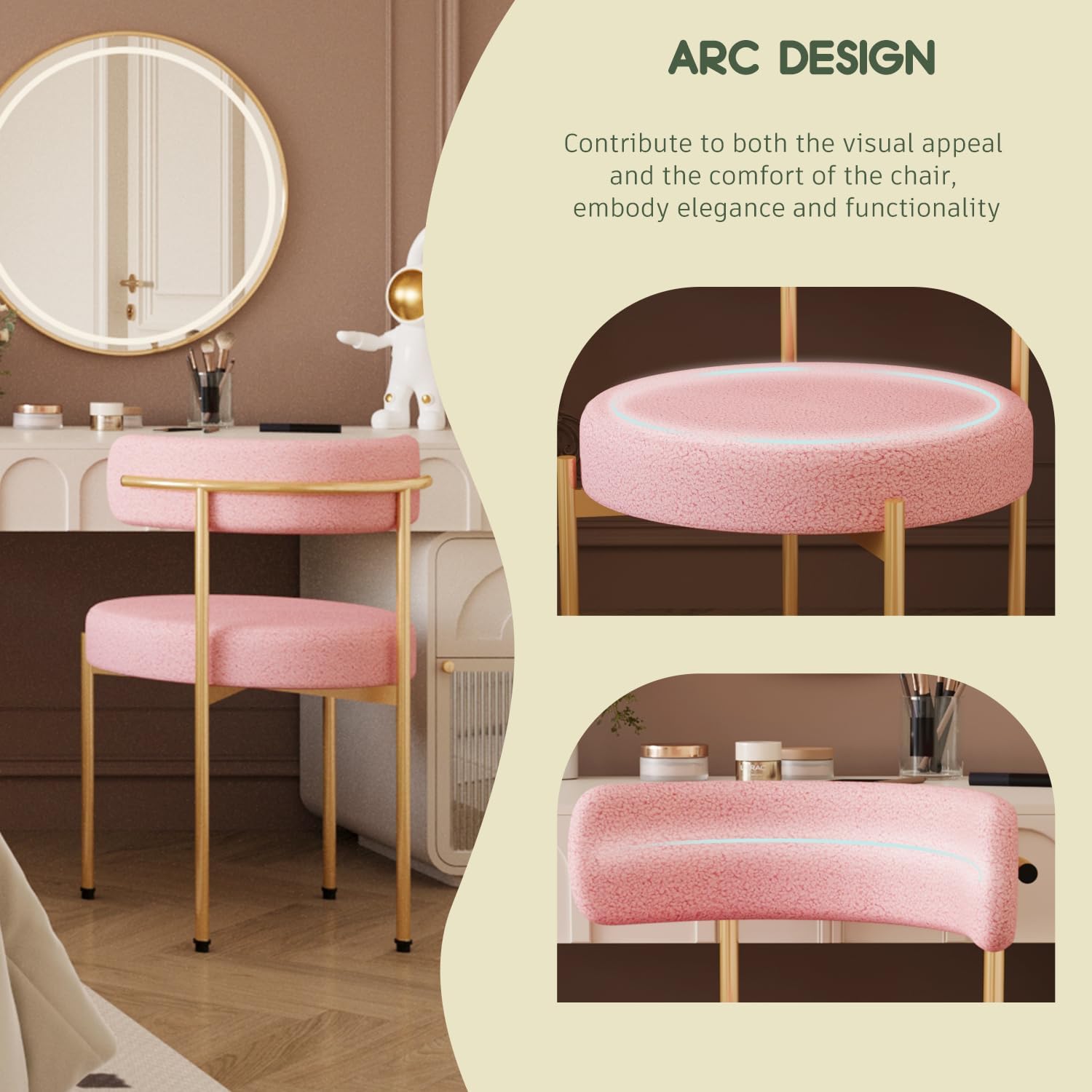 Desk Chair No Wheels Vanity Chair Comfy Accent Chair for Living Dining Room Bedroom Home Office Mid Century Modern Upholstered Armless Chair with Metal Legs (Gold Frame+Pink, 4)