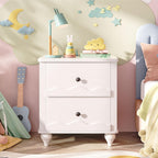 Cyclysio Nightstand with Charging Station, Side End Table with 2 Drawers, Modern Wood Night Stand with Scalloped Pattern for Bedroom, Bedside Night Tables with Solid Wood Gourd Legs