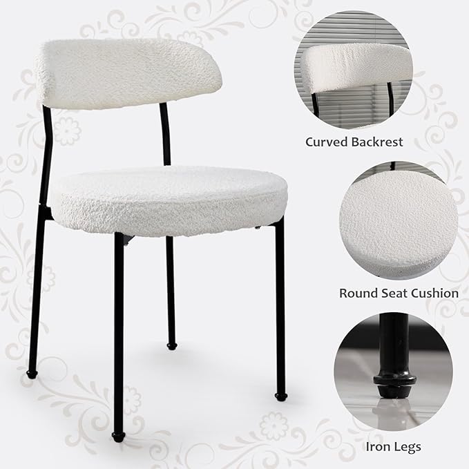 3-Pieces 24" Small Round Dining Table and Dininig Chair Set for 2,MDF Table Top and Heavy Metal Base Leg for Dining Room Apartment Small Space,Boucle Fabric, White