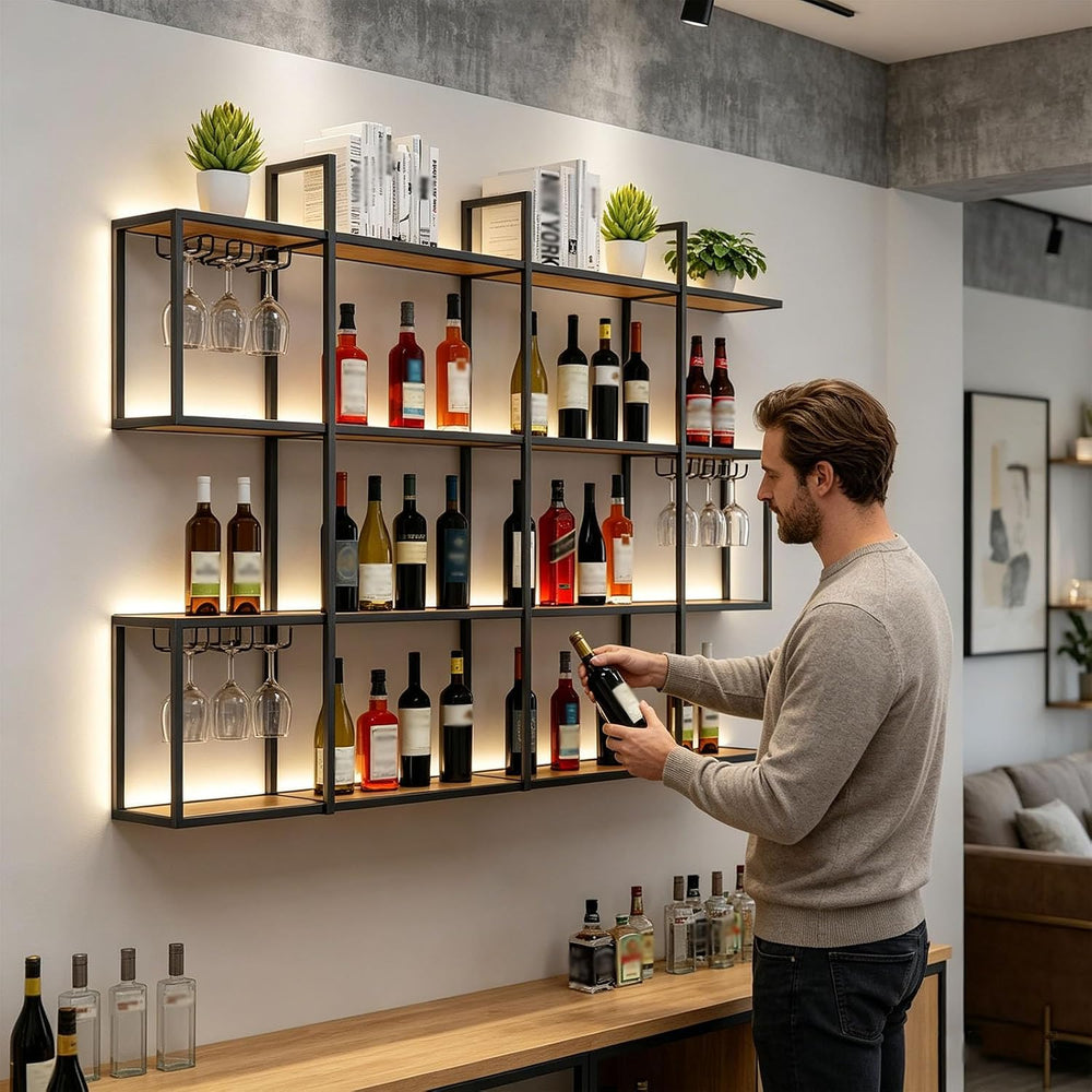 4-Tier Wall Mounted Wine Rack with LED Light, Glass Holder (120cm/47.3in) | 2...