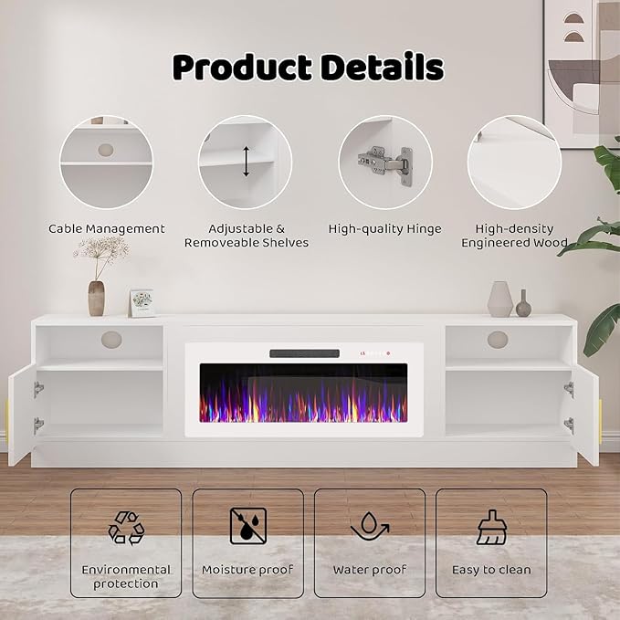 Lemberi Fireplace tv Stand with 36 inch White Fireplace Up to 90" TVs, LED Light Entertainment Center and Storage, 80" Modern Wood Media TV Console with Highlight Cabinet for Living Room