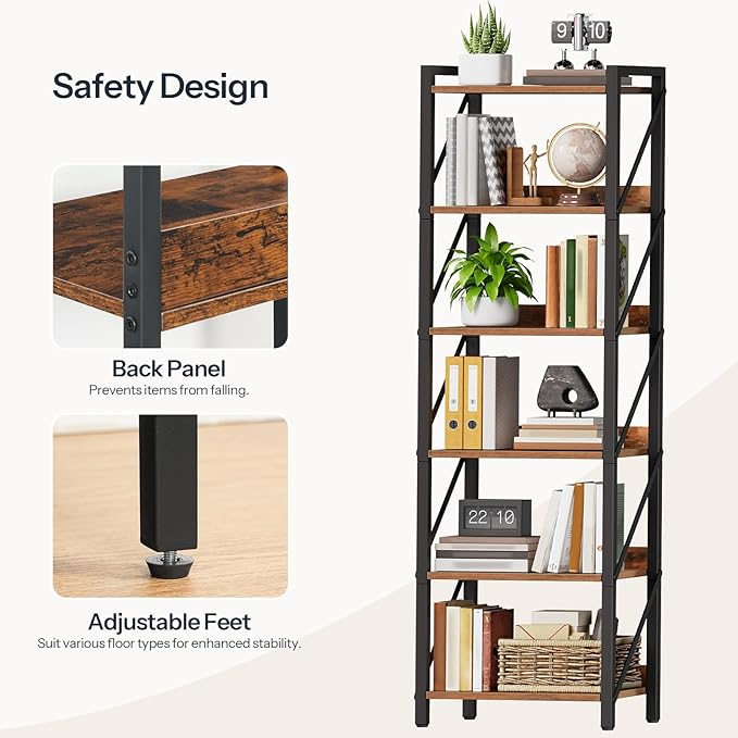 HOOBRO Bookshelf, 6-Tier Industrial Bookcase, Book Shelf Storage Organizer, Tall Bookshelf with Metal Frame for Living Room, Bedroom, Home Office, Kitchen, Rustic Brown and Black BF72SJ01