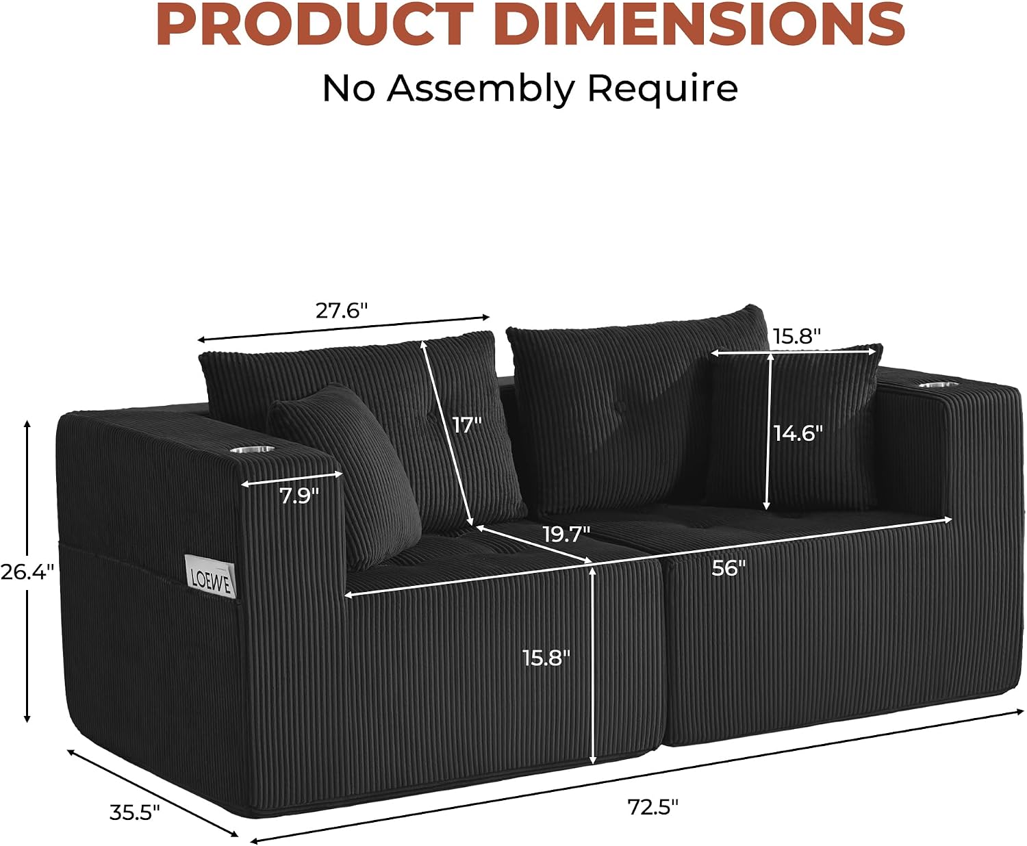 73" Loveseat Modular Sectional Sofa, Oversized 2-Seater Boneless Tufted Cloud Couch with Cup Holder, Corduroy Upholstery Small Couches for Living Room, No Assembly Black
