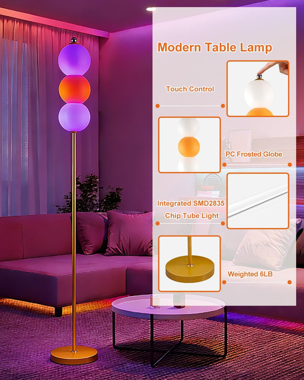 Lightdot Orange Floor Lamp Modern Standing Lamp with Touch Control, RGBW