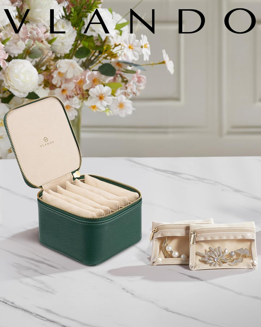 Vlando Gifts for Teachers,Travel Jewelry Box with 6 Velvet Jewelry Zipper Pockets Jewelry Case Premium Petal Hardware Travel Jewelry Organizer Graduation Gifts (Green)