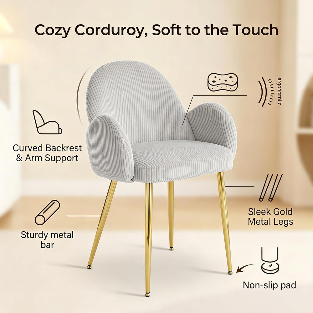 Modern Upholstered Dining Chair Set of 4, Corduroy Accent Chairs with Gold Me...