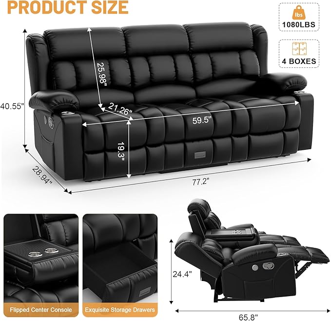 Recliner Sofa Set, Flip Middle Backrest Design PU Leather 3 Seater Reclining ...