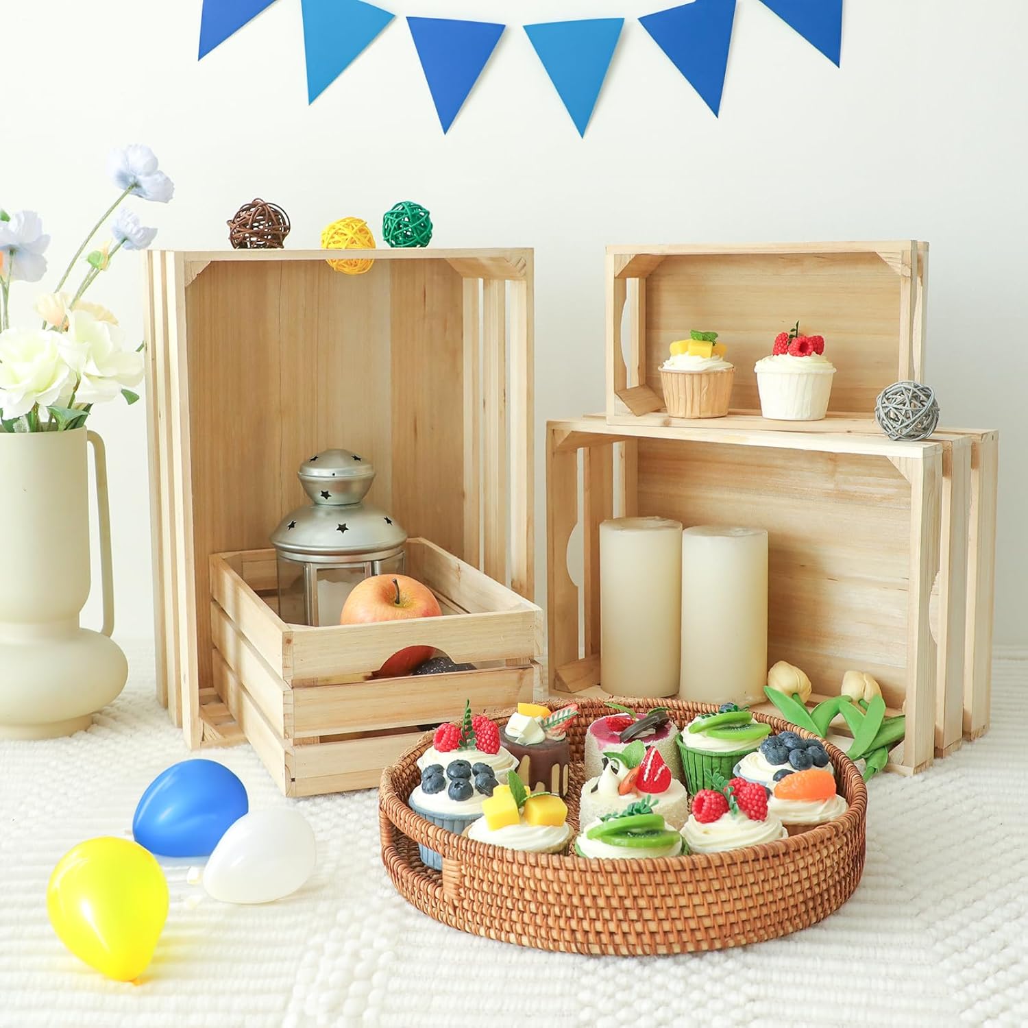 Large Wooden Crates Unfinished Set of 4 Storage Crates, Decorative Wood Storage Crate for Display Rustic, Nesting Wooden Container Boxes Made from 100% Wood